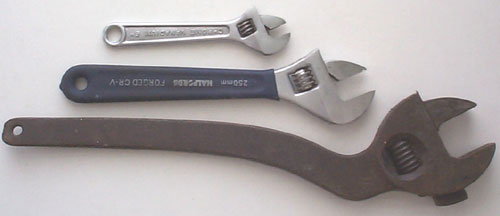 Three sizes of adjustable spanners AKA wrenches